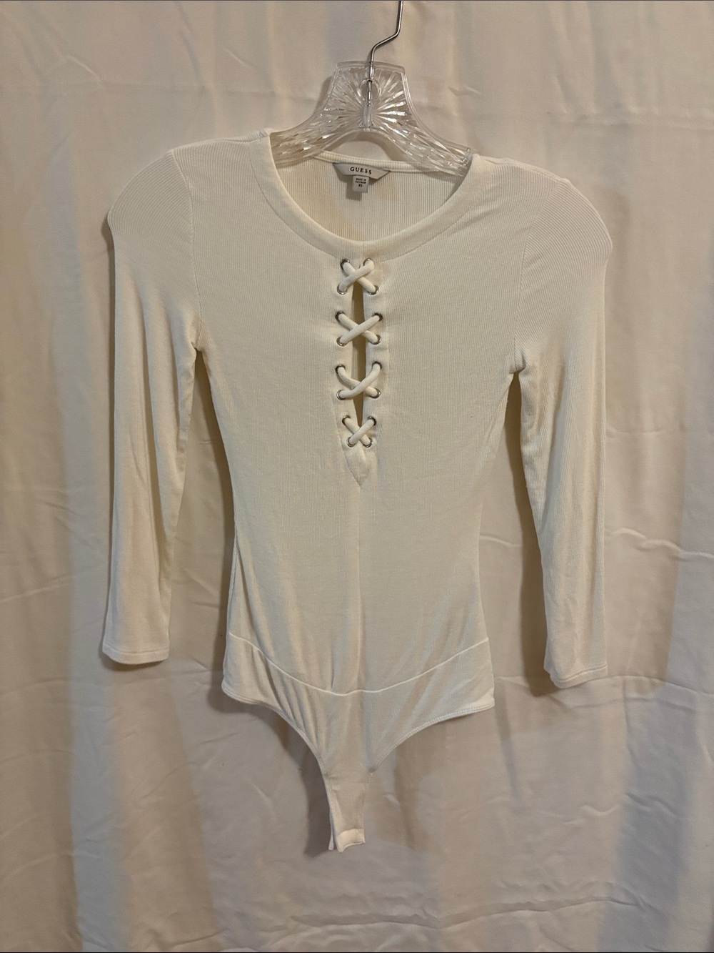 Guess White Lace-Up Ribbed Long Sleeve Bodysuit